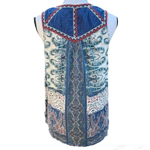 Lucky Brand Navy Blue Sleeveless Boho Paisley Lace Up Tassel Tank Top Size Med - Picture 3 of 8